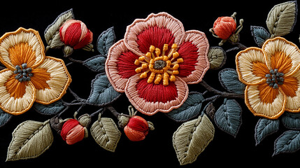 Elegant embroidery showcasing vibrant flowers and intricate detailing in a striking black background setting, perfect for creative design inspiration