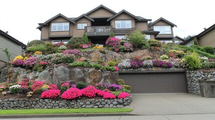 Obraz premium Home with colorful garden on hill, front facade, family property, real estate for sale or rental, landscaping