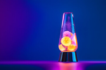 retro lava lamp with warm orange and purple light in dark ambiance, soft glow and shadows