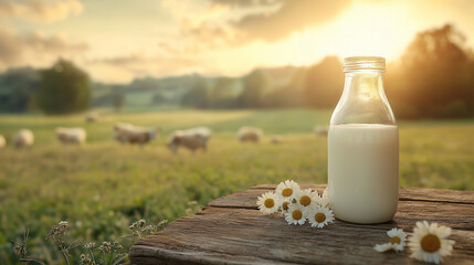 Obraz premium Milk bottle and glass resting on a wooden table bathed in golden sunlight, surrounded by daisies and grazing cows in a serene countryside setting