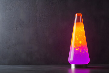 retro lava lamp with warm orange and purple light in dark ambiance, soft glow and shadows