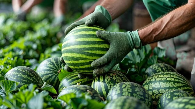 Picking fresh ripe watermelons in the summer field