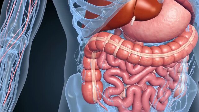 A close up of a person's stomach showing the liver and the intestines