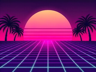 Retro futuristic 80s style background with neon grid and palm trees for digital design