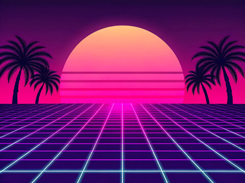 Retro futuristic 80s style background with neon grid and palm trees for digital design