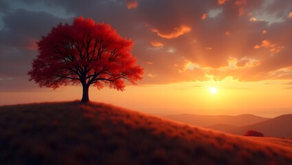 Fototapeta premium A Lone Tree on a Hill Against a Fiery Autumn Sky
