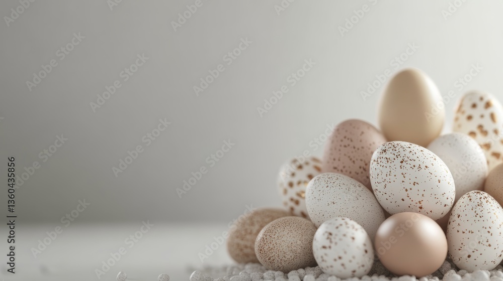 Poster collection of colorful decorative eggs arranged in an artistic display on a neutral background, show