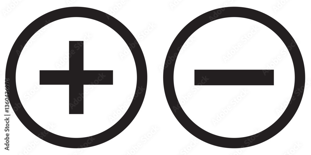 Poster round plus and minus icons set with different thicknesses. vector.
