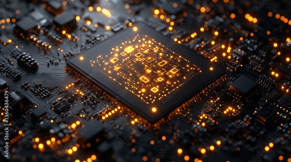 Poster high-tech cpu on circuit board, glowing components, data processing