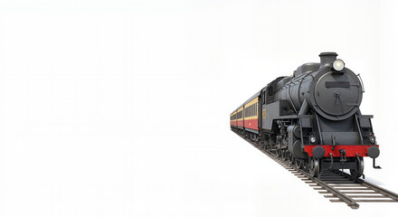 Obraz premium Vintage steam train moving on tracks against a white background, copy space 