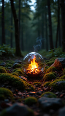A lone, glowing lantern sits atop a smoldering pile of charcoal, surrounded by mossy rocks on a forest path at night.