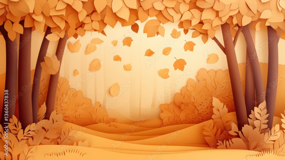 Aufkleber layered paper cut autumn forest showcasing falling leaves in warm tones and soft light creating a co