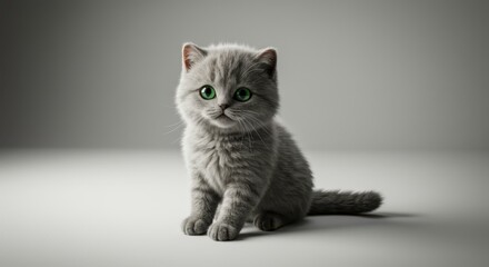 Adorable british shorthair kitten with green eyes sitting and solemnly looking posing, pet photography for pet shop, greeting card, invitation.