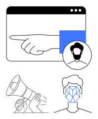 Human hand pointing within web interface, avatar profile, megaphone for communication, facial recognition grid. Ideal for technology, biometrics, privacy, user experience, marketing identity