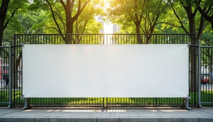 White blank vinyl banner on park fence. Billboard for advertising, public announcements. Space for text, information, advertisement. Street side, urban setting. Trees, sunlight background.