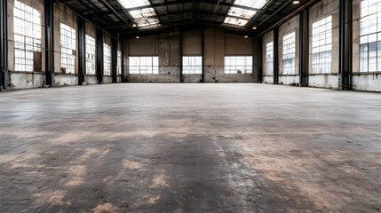 Empty industrial warehouse interior, daytime