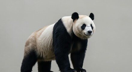 Obraz premium Adorable panda bear standing on ground, wildlife animal with black and white fur for background decoration and conservation project awareness, zoo poster element