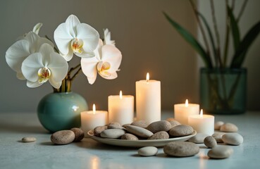 Serene composition with candles, flower decor on the table. Soft flames of burning candles, white orchid, smooth zen stones. Relaxing spa, meditation, home decoration, feng shui, well-being.