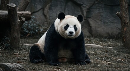 Fototapeta premium Adorable giant panda bear sitting gracefully outdoors in a natural habitat backdrop, animal wildlife conservation, panda bear concept for a zoo, educational print