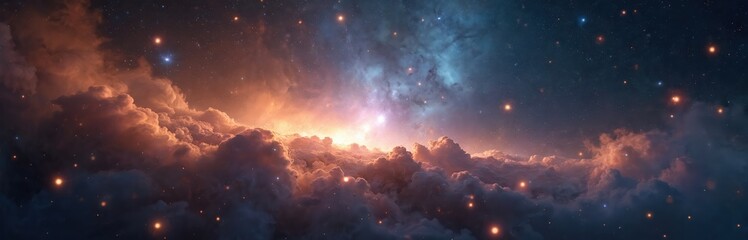 Naklejka premium Celestial scenery with clouds, stars. Cosmos sky. Nebulae clouds, stars, universe. Fantasy landscape. Cosmic abstract science theme. Inspirational background. Scientific discoveries, astronomy