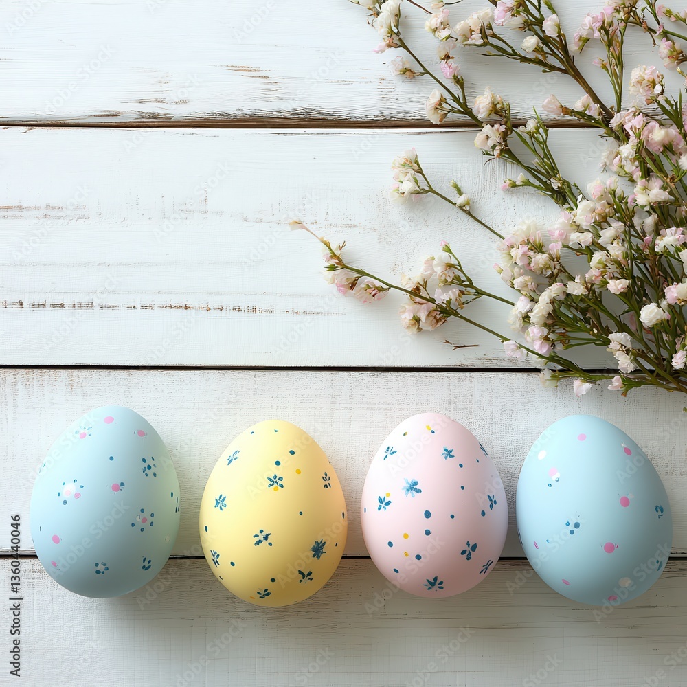 Aufkleber colorful easter eggs arranged neatly on a soft pastel background with delicate flowers adding a touc
