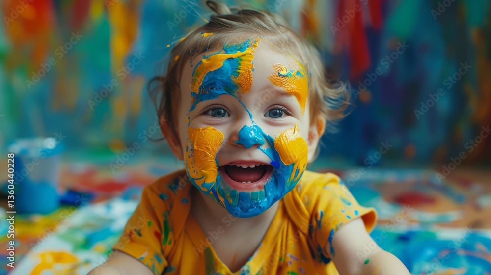 Poster toddler joyfully experiments with colorful paint, showcasing creativity and emotions in a vibrant pl