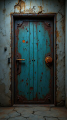 Old rusted blue door with peeling paint, set into a weathered stone wall.