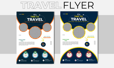 Modern A4 travel flyer or brochure template design for travel agency with ellipse  shape, travel agency vacation offer discount trip  flyer
