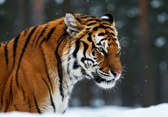 Majesty Siberian tiger predator portrait for conservation article, wildlife calendar, nature documentary about endangered species. Powerful and alluring wildcat in winter wilderness