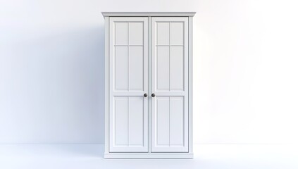 A modern minimalist wardrobe in a closed state, with white sliding doors featuring wooden handles, a wooden drawer at the bottom, simple design, set against a white wall