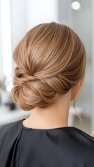 Woman with Light Brown Low Bun Hairstyle, Back View