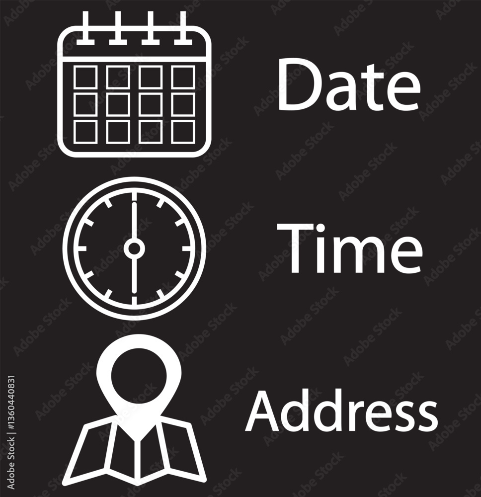 Poster time, date and address icon set. calendar, clock, location. editable stroke. linear vector outline i