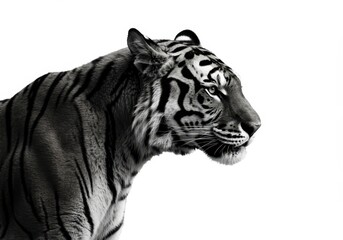 Regal tiger staring forward in black and white. Majestic animal portrait for wildlife conservation awareness, powerful predator for nature documentary project.