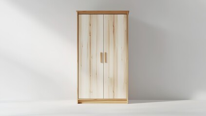 A modern minimalist wardrobe in a closed state, with white sliding doors featuring wooden handles, a wooden drawer at the bottom, simple design, set against a white wall