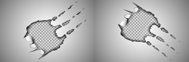 Realistic set of animal claw marks isolated on transparent background. Vector illustration of tiger, cat, bear, Halloween monster paw scratch trace on surface. Wild beast or dragon attack laceration © exvanesko