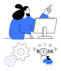 Woman reviewing screen data, pointing upward, magnifying glass on risk lettering, alert icon and gears. Ideal for risk analysis, problem-solving, decision making, management, productivity strategy