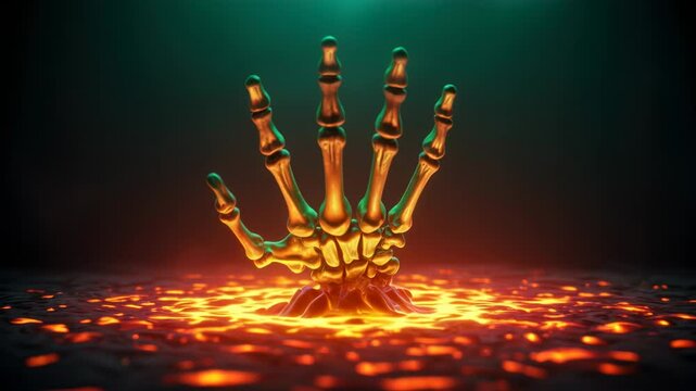 eerie animation of a skeletal hand emerging from a pool of molten light, bones of shimmering emerald and crimson assembling in slow motion, faint whispers of smoke trailing behind