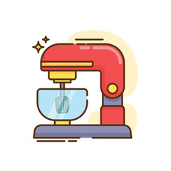 The image shows a cartoon illustration of a stand mixer. The mixer has a red tilting head and body, a light purple base