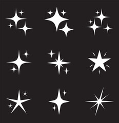 Twinkling stars icon vector set. Shiny sparks icon. Minimalist twinkle star shape symbols. Modern geometric elements, shining star icon set. Twinkling spark and burst icons set