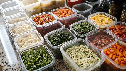 Containers fresh ingredients organized for a health-focused meal prep session.