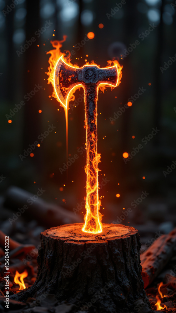 Poster a dramatic scene with a flaming axe embedded into a tree stump, symbolizing watch duty during wildfi