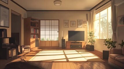 Fototapeta premium A cozy, sunlit living room with a TV, bookshelves, and plants, creating a warm atmosphere.