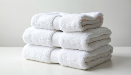 Stack white towels on white background. Soft terry cotton fabric, folded pile. Spa, hotel, bathroom, laundry, domestic hygiene. Soft fluffy towels ready to use, luxury and relaxation.