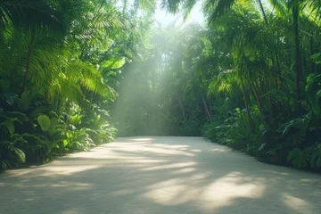 Schilderijen op glas Lush green pathway through a tropical forest illuminated by soft sunlight filtering through the trees © Garik