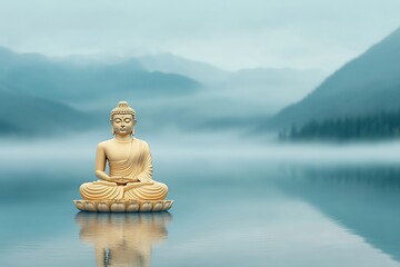 Buddha statue meditating on a lotus flower on a misty lake