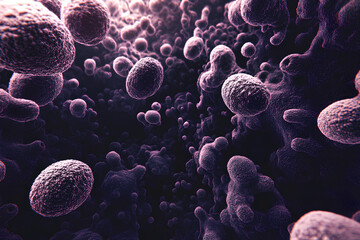 Computer-generated image of a virus against an abstract background, symbolizing infection, disease, and microbiology