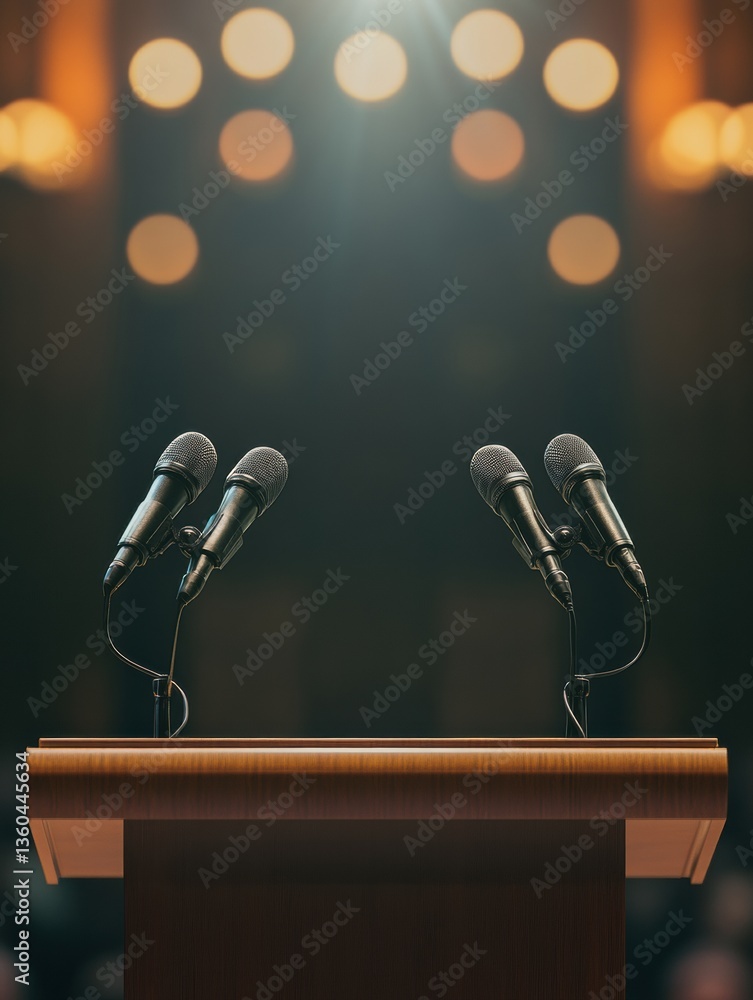 Poster Political podium setup with multiple microphones creates powerful atmosphere in a professional setting Generative AI