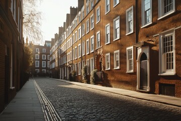 Fototapeta premium Charming cobblestone street in the afternoon sunlight, showcasing historic brick buildings with white window frames in a serene urban setting