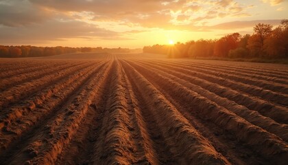 Obraz premium Plowed field at sunset. Autumnal landscape features rows brown earth, trees, hills, sky. Golden sunlight, warm tones, peaceful serene rural countryside harvest scene.