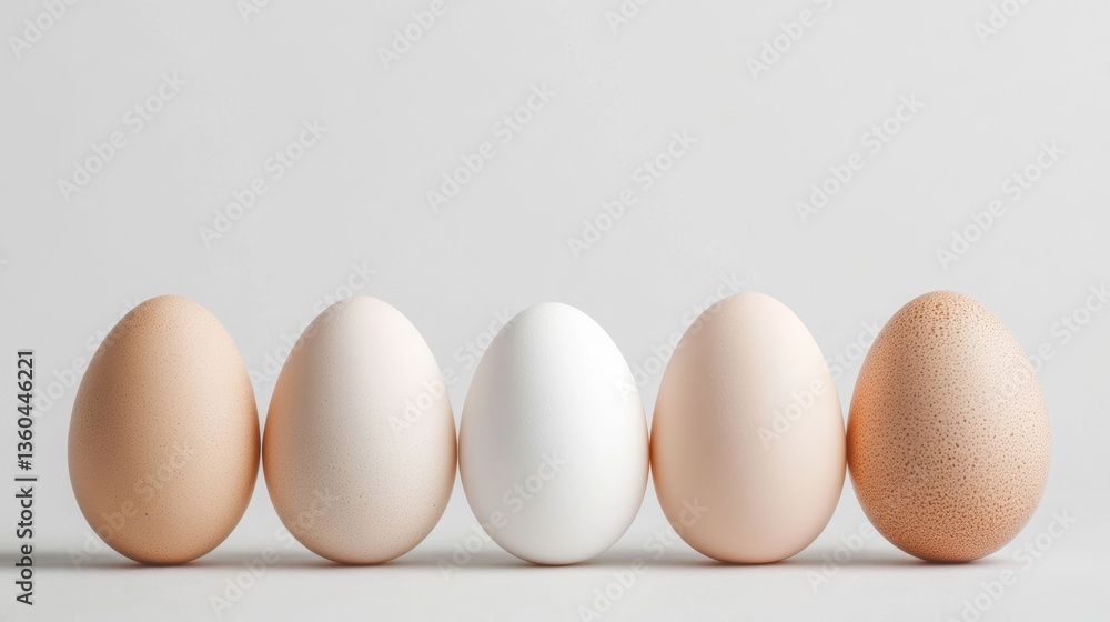 Poster display of different colored eggs lined up on a neutral background showcasing variations in shades a